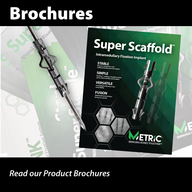 Brochures: Read our Product Brochures, image contains background faded image of stacks of all product brochures, the front two images are a Super Scaffold on a K-wire and the Super Scaffold Brochure