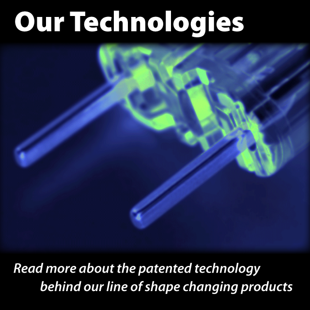 Our Technologies: Read more about the patented technology behind our line of shape changing products, image is an inverted color image of the Super Staple in its instrument.